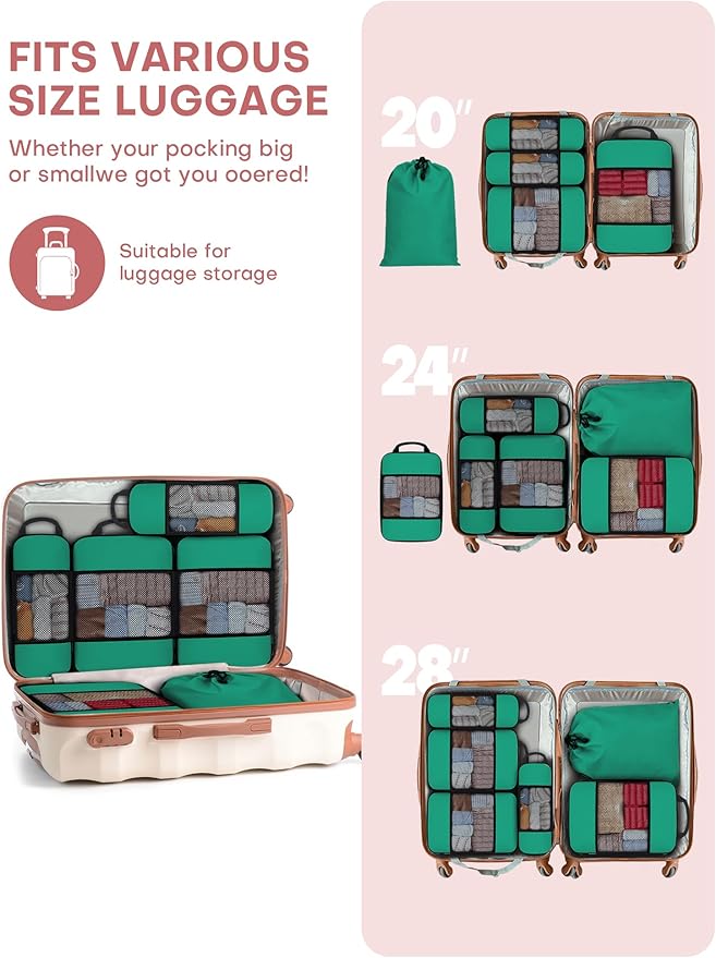 6 PCS Set Compression Packing Cubes for Travel, Lightweight Packing Organizer Bags Travel Essentials for Carry On, Suitcase, Home Closet - Green