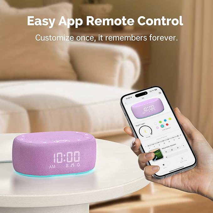 1Mii White Noise Sound Machine for Sleep, Brown Noise Machine for Baby Adults Sleeping, 18 Soothing Sounds with 7-Color Night Light, Timer, Alarm Clock, Volume Control, Remote App Control - Purple