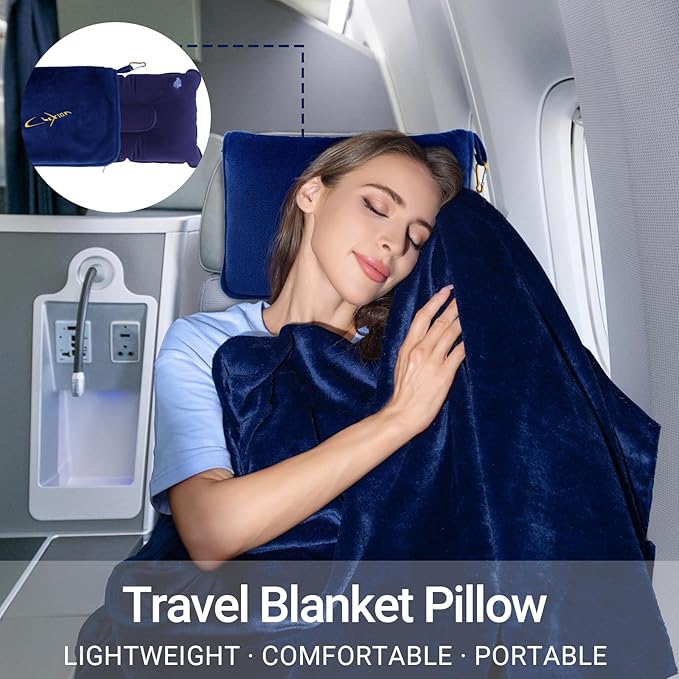 Travel Blanket & Pillow Set, 300 GSM Soft Fleece, 60x43 Inches, 3-in-1 Airplane Blanket, Travel Pillow and Blanket Set, Travel Blanket Airplane Compact with Bag, Travel Essentials, Navy