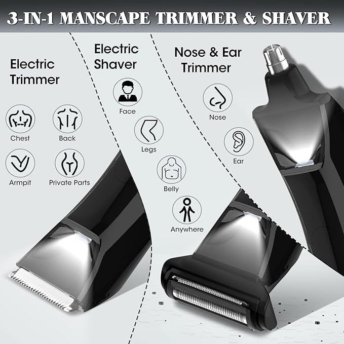 Beard Trimmer for Men Groin & Body Hair Trimmer, Nose & Ear Clipper Head Razors for Bald Men, 5 in 1 Waterproof Manscape Kit with Travel Case, LED Display, Grooming Kit Gift for Him
