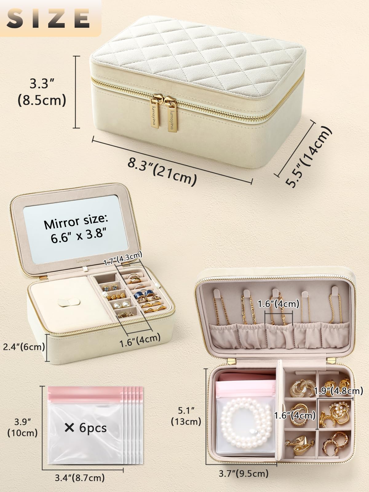 Lumayina Velvet Travel Jewelry Box with Large Mirror, Double-Layer Jewelry Organizer Case for Women and Girls, Portable Storage Case with 6 Anti-Tarnish Bags Gift Ready for Her (Beige)