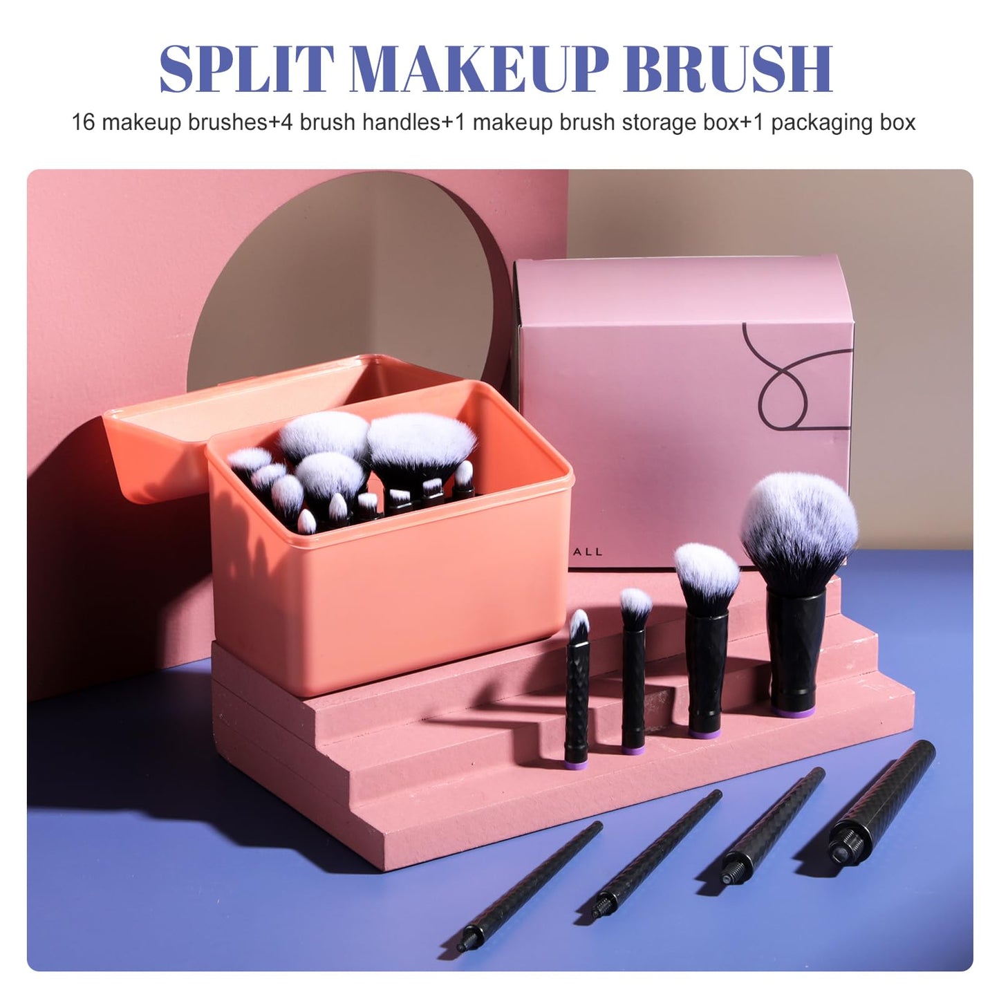 BS-MALL Travel Makeup Brushes – Professional and Durable 16-piece Set Detachable Rotating Handles, Eco-Friendly Design, Comes with Storage Barrel(Black case)