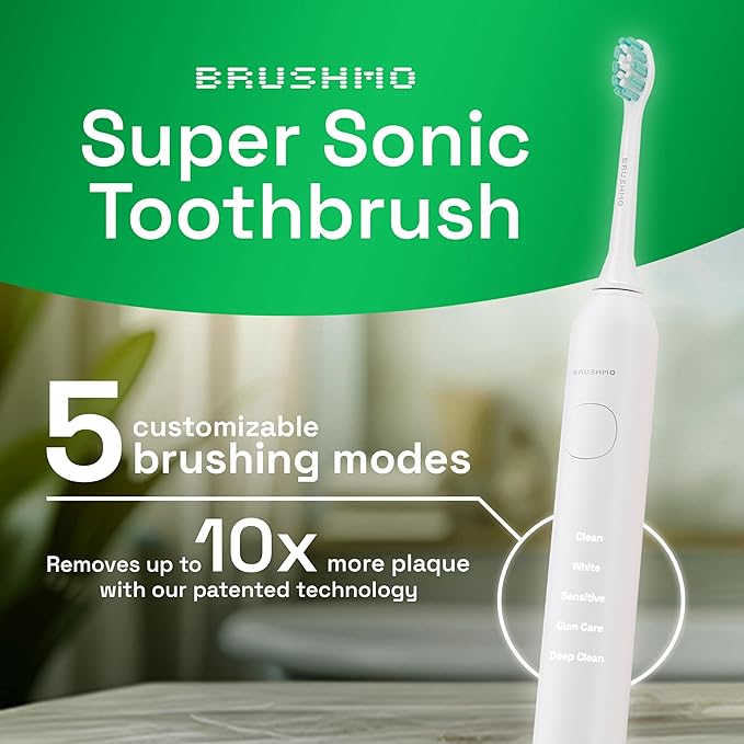 Brushmo Super Sonic Electric Toothbrush with 4 Replacement Heads - Rechargeable Electronic Tooth Brush for Adults with 5 Customizable Modes - IPX7 Waterproof & Long-Lasting Battery - White
