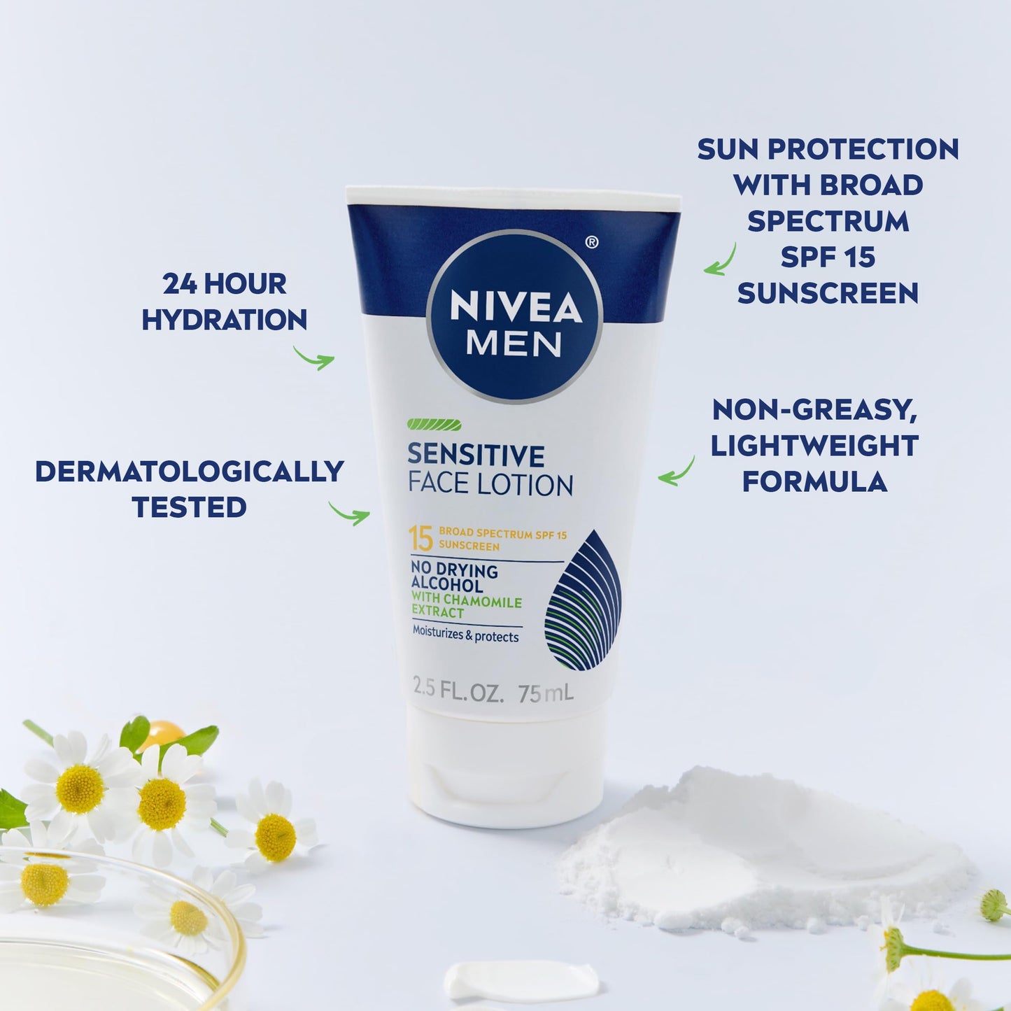 NIVEA MEN Sensitive Face Lotion with SPF 15, Broad Spectrum Sunscreen, 3 Pack of 2.5 Fl Oz Tubes