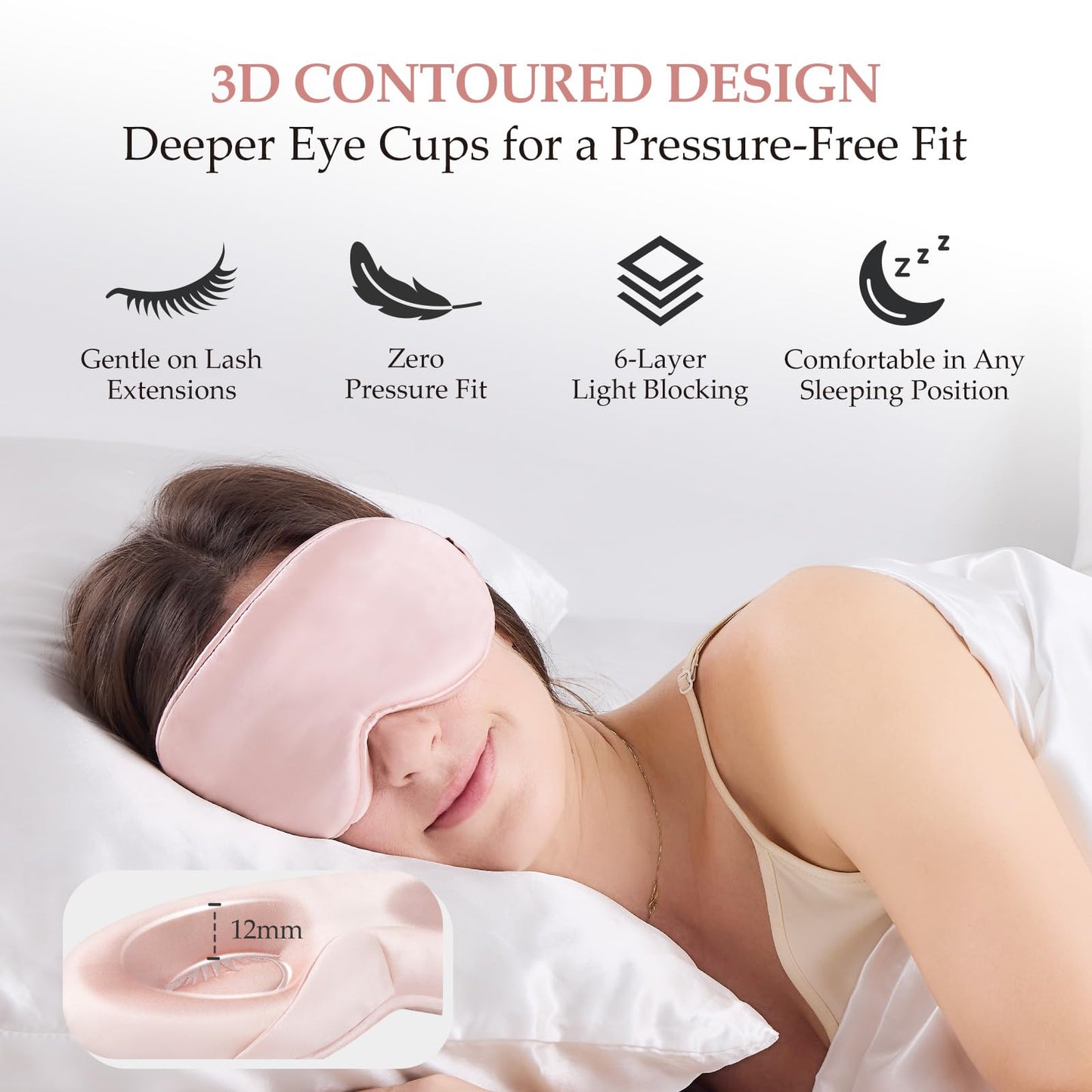 SGMSILK 100% 22 Momme Mulberry Silk Sleep Mask with Adjustable Strap, 3D Contoured Cup Silk Eye Mask for Sleeping, Total Black Out, Pink