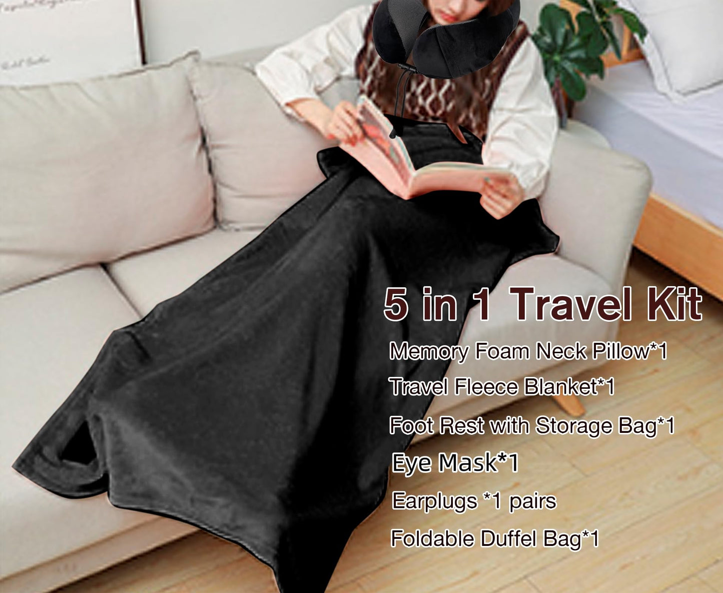 Travel Pillow and Blanket Set & Foot Rest, Memory Foam Neck Pillow Airplane Blanket & Airplane Foot Hammock & Foldable Duffel Bag, Eye Mask & Earplugs, Portable Travel Accessories Essentials, Black