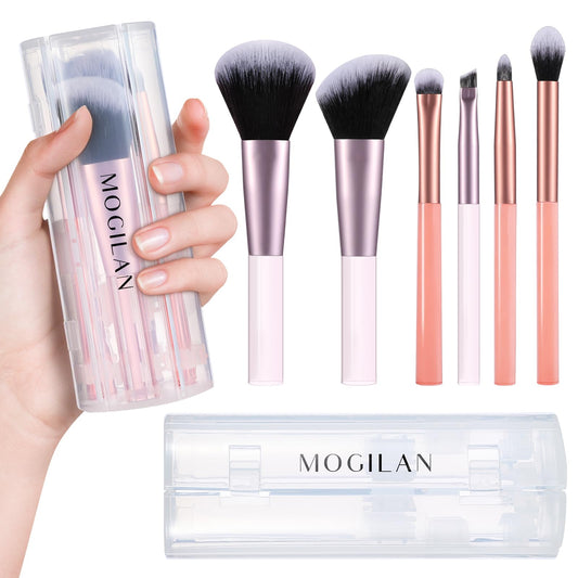 MOGILAN Travel Makeup Brush Set – Portable 6PCS Mini Cosmetic Brushes for Foundation, Concealer, Eyeshadow, Blush, Powder, Contour & Highlight, On-the-Go Makeup Brush Kit with Travel Case