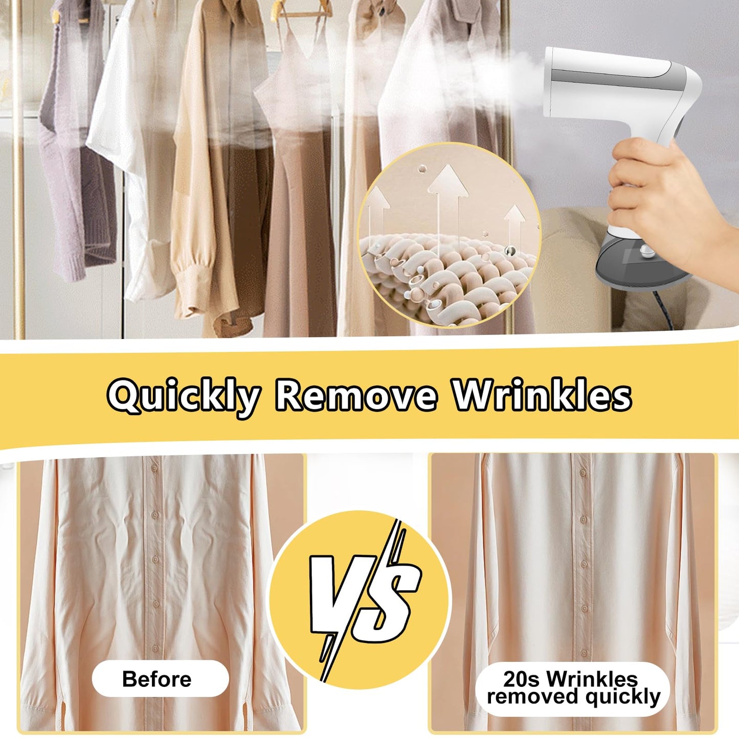 BUNUD Clothes Steamer Handheld 1500W: 20S Heat-up Garment Steamer for Clothes with 300ml Water Tank - Portable Fabric Wrinkle Remover - Steam Iron 2 In 1 with Brush for Home/Office/Travel (White)