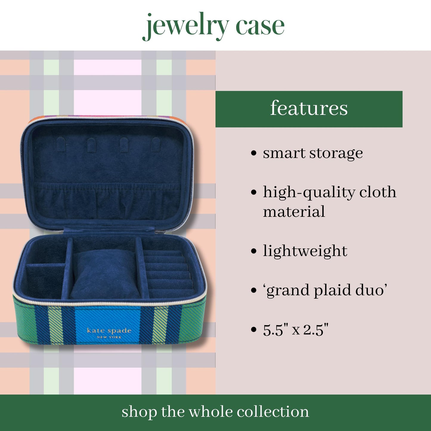kate spade new york Black Travel Jewelry Case, Small Jewelry Box to Organize Rings, Necklaces, Earrings, Grand Plaid Duo