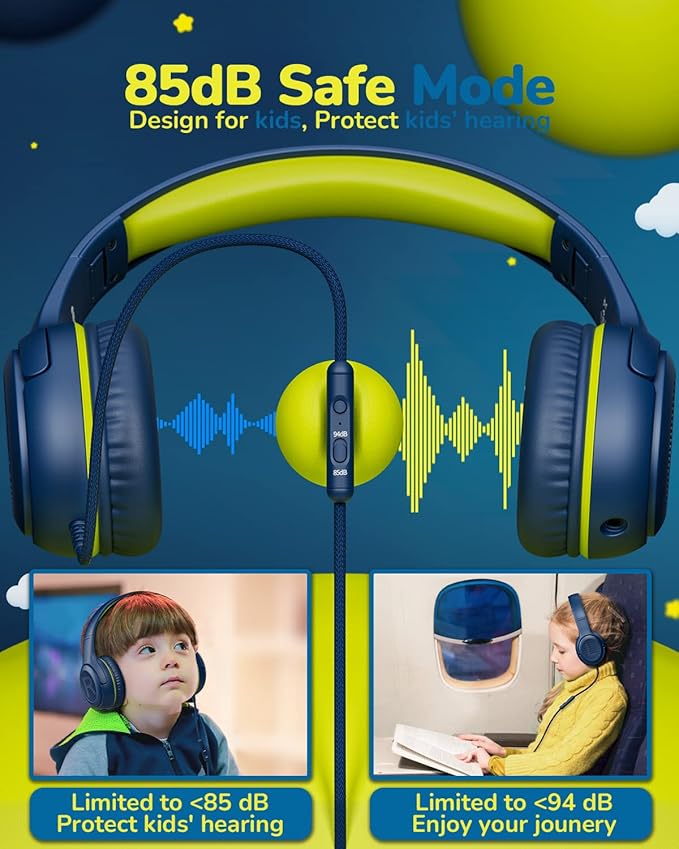 Kids Headphones for School Toddler Wired with Microphone Plug in Bulk Boys Headset Girls 3+ Year Old Blue Green shareport Phones Teen Volume Control Airplane Two People Childrens Babies