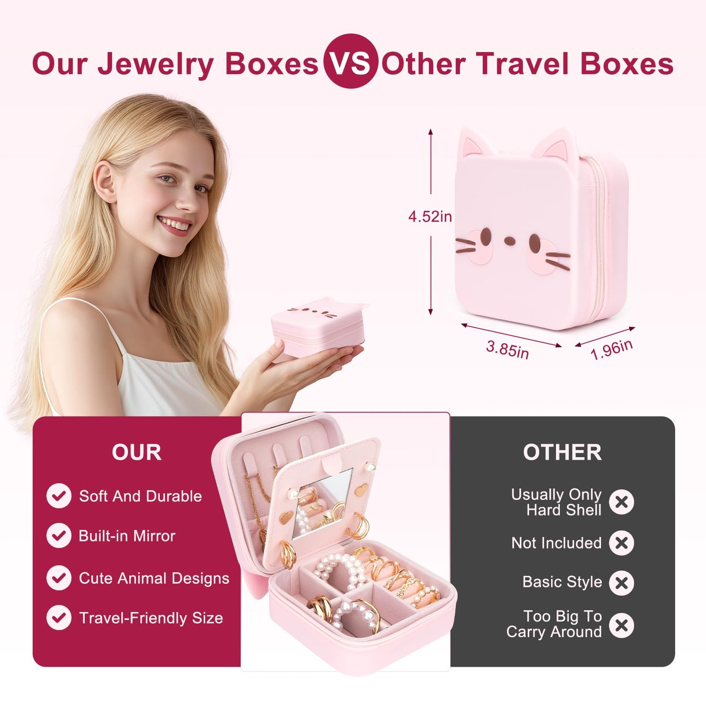 Tizuxa Cute Cat Travel Jewelry Case with Mirror, Silicone Portable Mini Small Jewelry Box Organizer for Women Girls Mom, Wedding, Birthday Gift - Pink