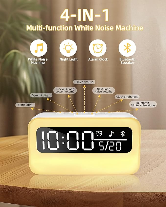 4-in-1 White Noise Sound Machine with 24 Soothing Sounds, Adjustable Night Light for Kids Adult, 4000mAh Rechargeable Bluetooth Speaker with Time Display