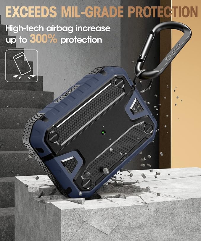 Koaichi Compatible with AirPods Pro(2nd Generation/1st Generation), Full-Body Rugged Hard Shell Protective Case Cover with Keychain Designed for AirPods Pro (2022/2019), Black/Blue
