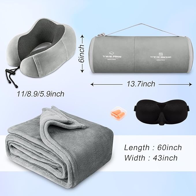 Travel Pillow and Blanket Set Neck Pillows Travel Essentials with Sleep Mask for Airplane Car Memory Foam Grey