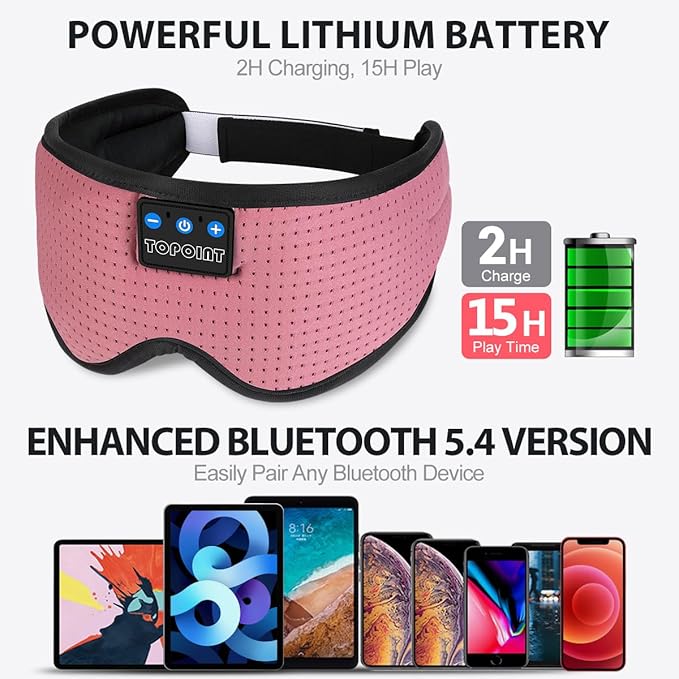 TOPOINT Sleep Mask with Bluetooth Headphones, Breathable Silk Eye Mask for Sleeping Men Women, Bluetooth Sleep Mask Blackout with Speakers, Microphone Handsfree, USB C for Travel Meditation Gifts