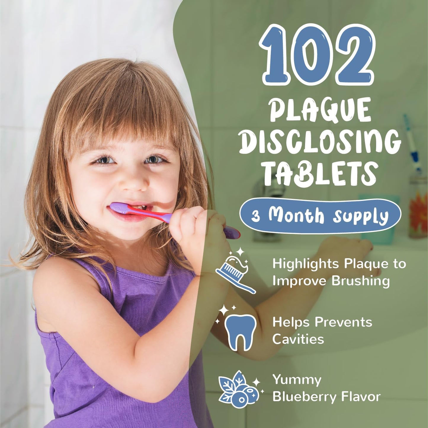 Plaque Disclosing Tablets for Kids & Adults. 102 Count. Blueberry Flavor. Tested and Created by Dentists. Plaque Tablets Help Build Healthy Brushing Habits.