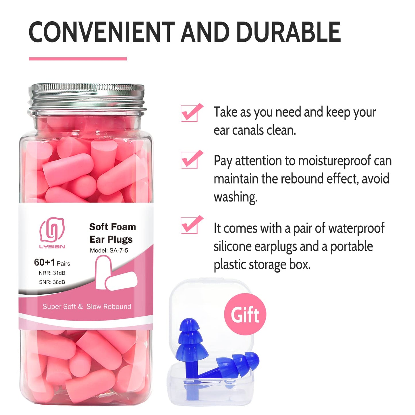 LYSIAN Ultra Soft Foam Ear Plugs for Sleep Noise Reduction -38dB Noise Cancelling Earplugs for Sleeping, Snoring, Shooting, Travel, Women-60 Pairs-Pink Color