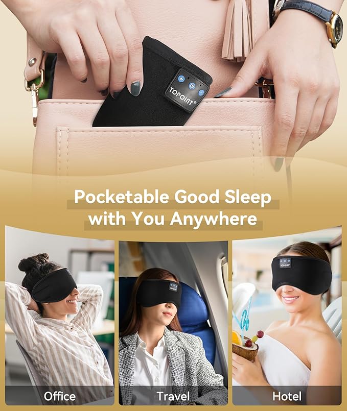 TOPOINT Sleep Mask with Headphones Bluetooth 5.4 Wireless, Sleep Headphones Earphones Earbuds with Microphone HD Speakers Music, Blackout Eye Mask for Sleeping Travel Meditation Men Women Cool Gadgets