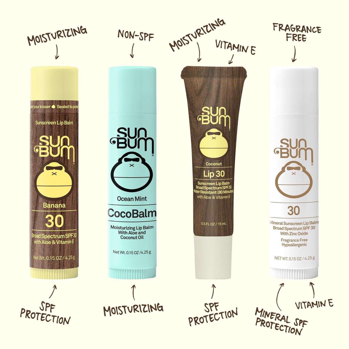Sun Bum SPF 30 Sunscreen Lip Balm 3 Flavor Variety Pack - Coconut, Banana, Watermelon - Moisturizing Aloe Vera and Vitamin E - Vegan and Cruelty Free - UVA/UVB Lip Protection - 0.15 oz, 3 count