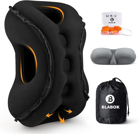 Inflatable Travel Pillow,Multifunction Travel Neck Pillow for Airplane to Avoid Neck and Shoulder Pain,Support Head,Neck,Used for Sleeping Rest, Airplane and Home Use,with Eye Mask, Earplugs, Black