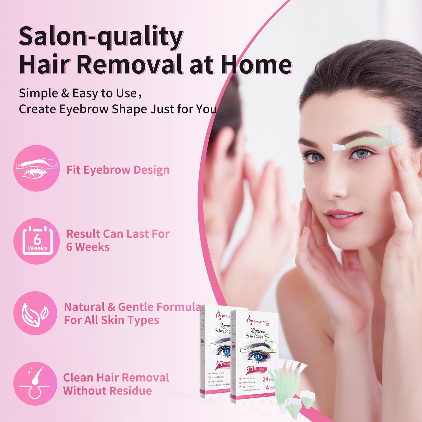 Beauty7 Wax Strips Kit for Sensitive Skin, Facial Hair Removal for Eyebrow, Lip, 24 Strips & 4 Calming Oil Wipes, At Home Waxing for Women