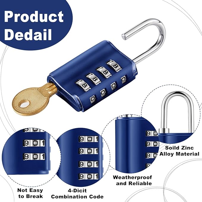 Kenning Combination Padlock 4 Digit Combination Lock with Keys Locker Resetable Security Outdoor Waterproof Gate Lock for School Sports Gym Locker Employee Fence Case(Sapphire,10 Pcs)