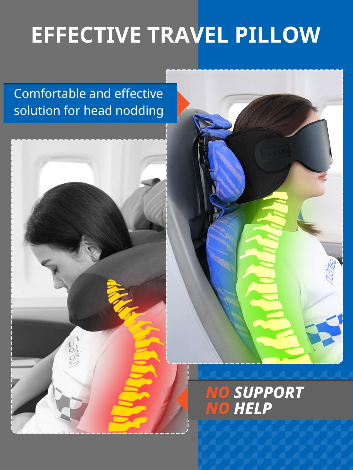 SARISUN Travel Pillow for Airplanes, Ultra-Thin Breathable Airplane Pillow Alternative, Airplane Head Strap with 3D Sleep Eye Mask, 360° Support for Long Flight, Work for Seats with Headrest, Black