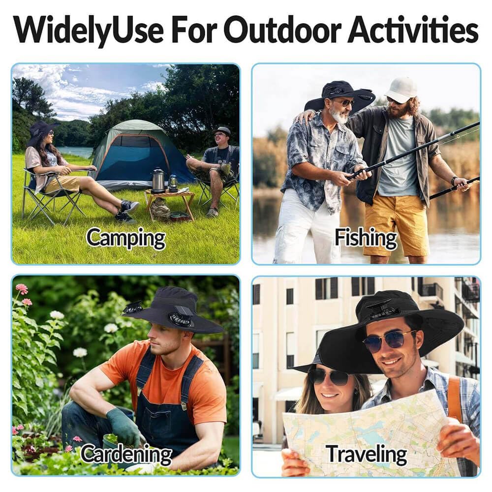 Solar Powered Fan Hat for Men Women Wide Brim Hat with 2 Fans UPF 50+ Outdoor Fishing Beach Sun Hat Black