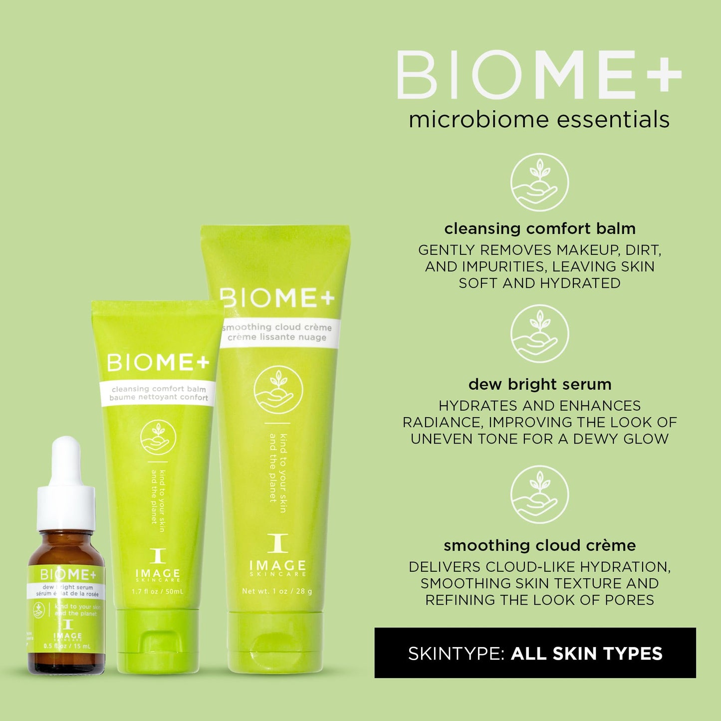 IMAGE Skincare, BIOME+ Microbiome Essentials Skin Barrier Defense Trio, 3 Step Travel Regimen with Facial Cleansing Balm, Dew Serum and Smoothing Cream