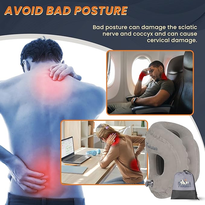 Trekstar Inflatable Travel Neck Pillow in Drawstring Bag | Ergonomic Design | Supports Head, Back, and Neck Pain | Sleeping Cushion in Airplane/Buses/Office/Cars/Trains with Eye Mask, Earplugs