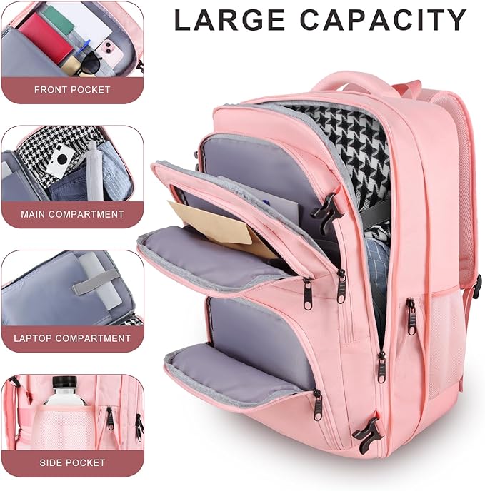 Carry On Backpack for Women, Pink Backpack, Large Expandable Travel Bag, 15.6 Inch Travel Laptop Backpack with USB, Personal Item Size Teacher Traveling Backpack, Pink