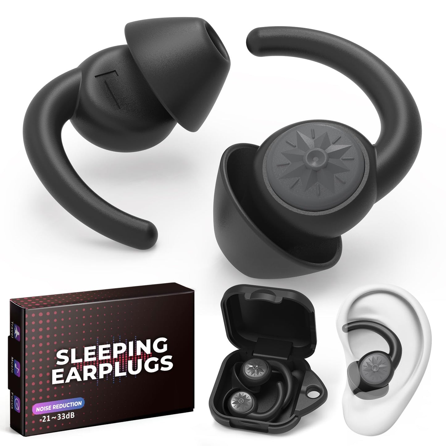 Ear Plugs for Sleeping: Reusable Earplugs for Sleep, Snoring Blocking, Concert, Travel, Airplane, 2 Pairs Washable Soft Silicone Noise Cancelling Ear Plugs (Black)