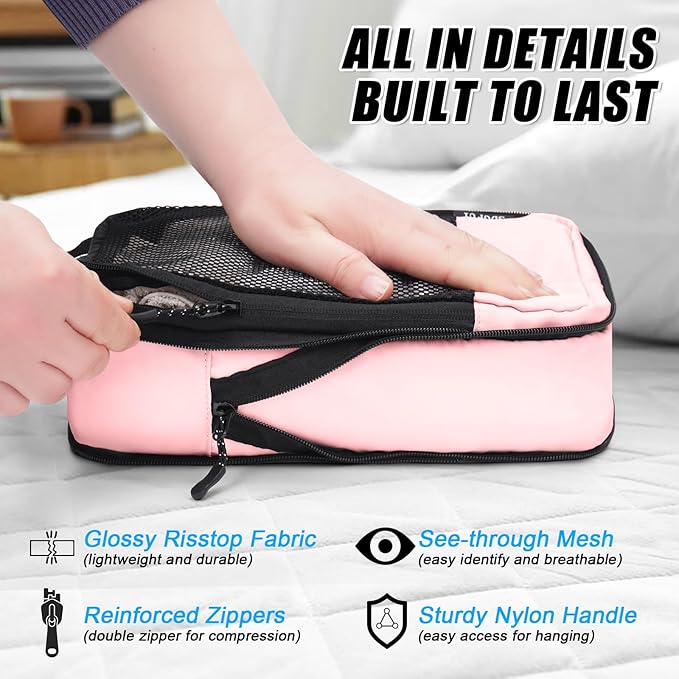 4 PCS Set Compression Packing Cubes for Travel, Lightweight Packaging Organizer Bags for Carry On Space Saving, Travel Essentials Cubes for Suitcase Backpack, Pink