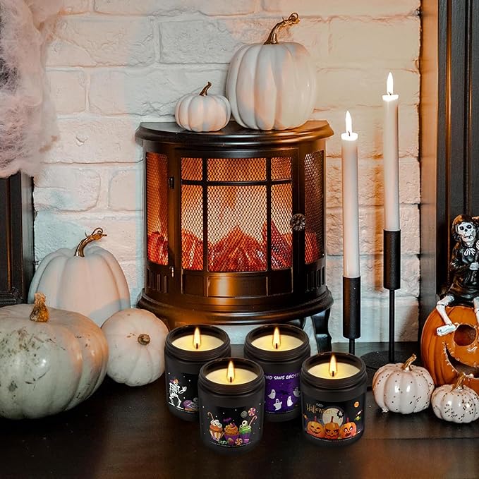 Halloween Scented Candles Set, 4 Pack (7oz Each) Soy Wax Candles with Pumpkin, Ghost, Skeleton Designs, Perfect for Halloween Decor, Gifts and Aromatherapy.
