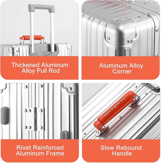 22x14x9 inch Cabin Suitcase, Carry-on Full Aluminum Body Suitcase, 20 Inch 100% Aluminum Hard Shell Luggage with PU Wheels,56x36x22cm Aluminium Large Luggage with TSA Locks(Silver)