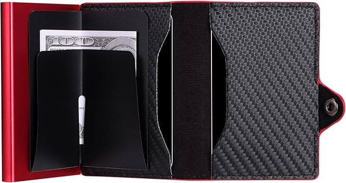 Card Blocr Pop Up Credit Card Wallet, RFID Blocking Credit Card Holder for men, Cool Wallets for Men in Carbon Wallet Design, Compact Card Holder Wallet for Secure Storage (Red PU Carbon Fiber)