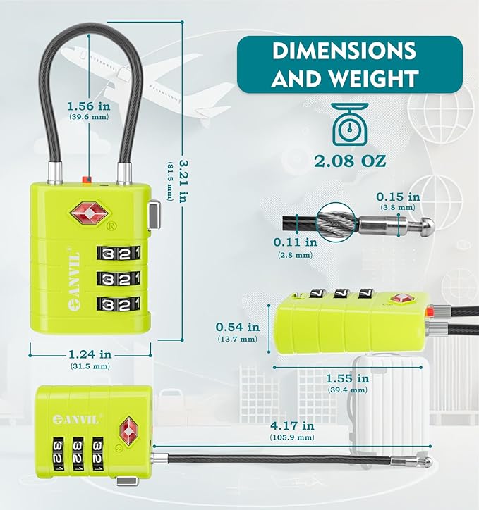 ANVIL TSA Approved Luggage Locks – High Security TSA008 Combination Travel Locks with Inspection Indicator for Suitcases and Backpacks. (4, Grass Green)