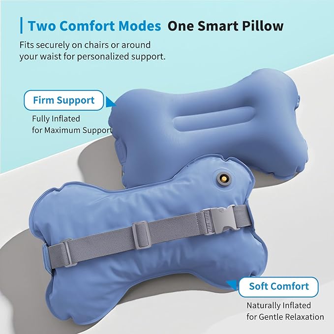 Mixtrend Travel Lumbar Pillow Inflatable Lumbar Support Pillow with Memory Foam, Back Support Pillow for Airplane Long Flight, Essential Travel Support Pillow for Women Men Kids（Mist Blue）