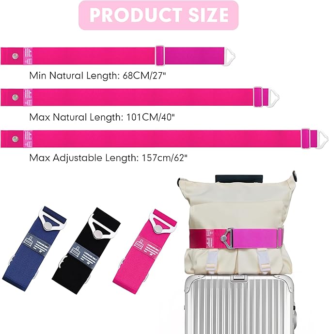 2-in-1 Travel Belt for Luggage Over Handle, Luggage Belt for Carry on Bag, Suitcase Straps, Add a Bag Bungees Luggage Straps Adjustable with Alloy Buckle,Hands-Free for Airport (Pink, 1 Pack)