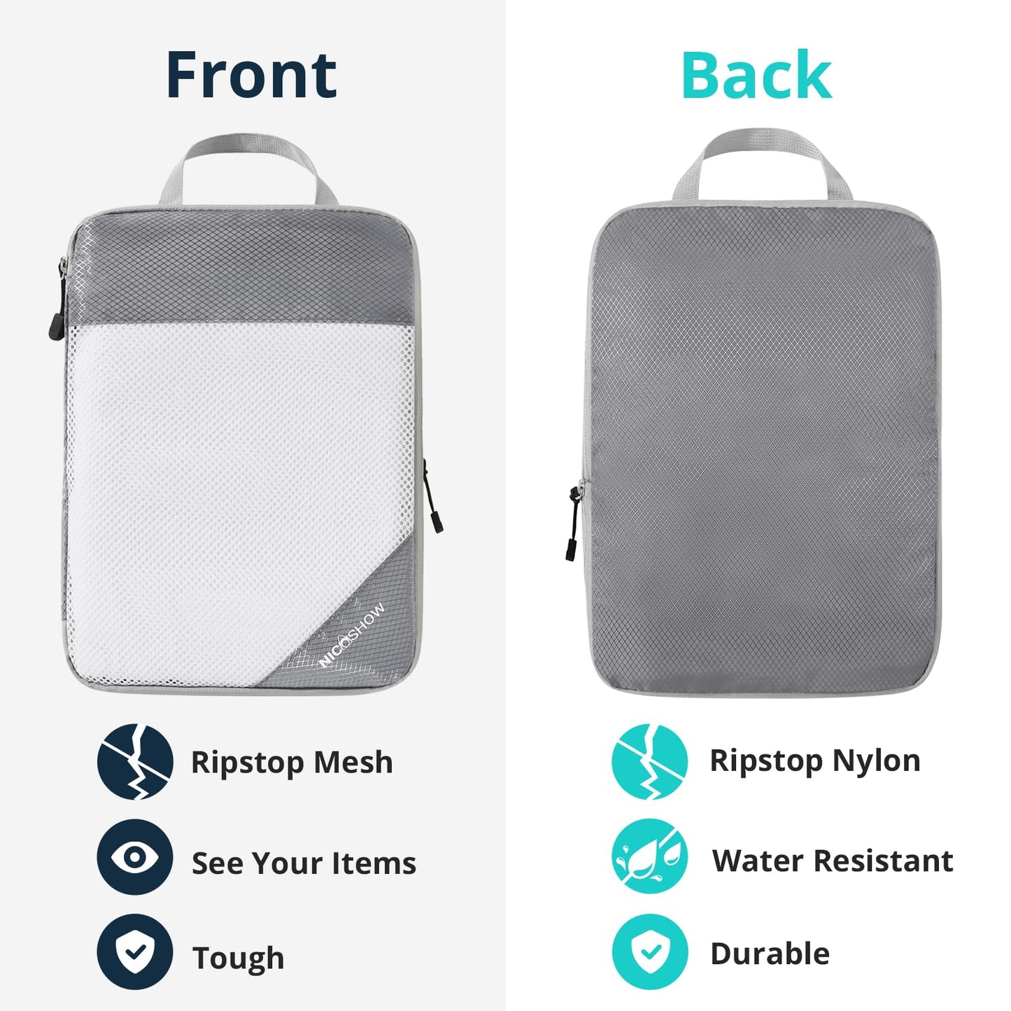 NICOSHOW 6 Set Compression Packing Cubes for Travel - Compressible, Lightweight, and Space-Saving Packing Cubes, Travel Essentials for Women, Grey