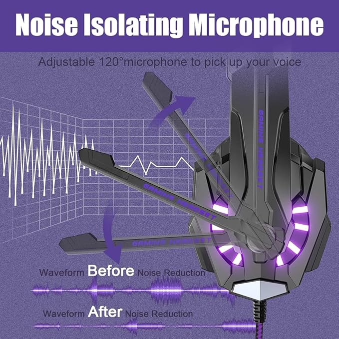 BENGOO G9000 Stereo Gaming Headset for PS5, PS4, PC, Xbox One Controller, Noise Cancelling Over Ear Headphones with Mic, LED Light, Bass Surround, Soft Memory Earmuffs - Purple