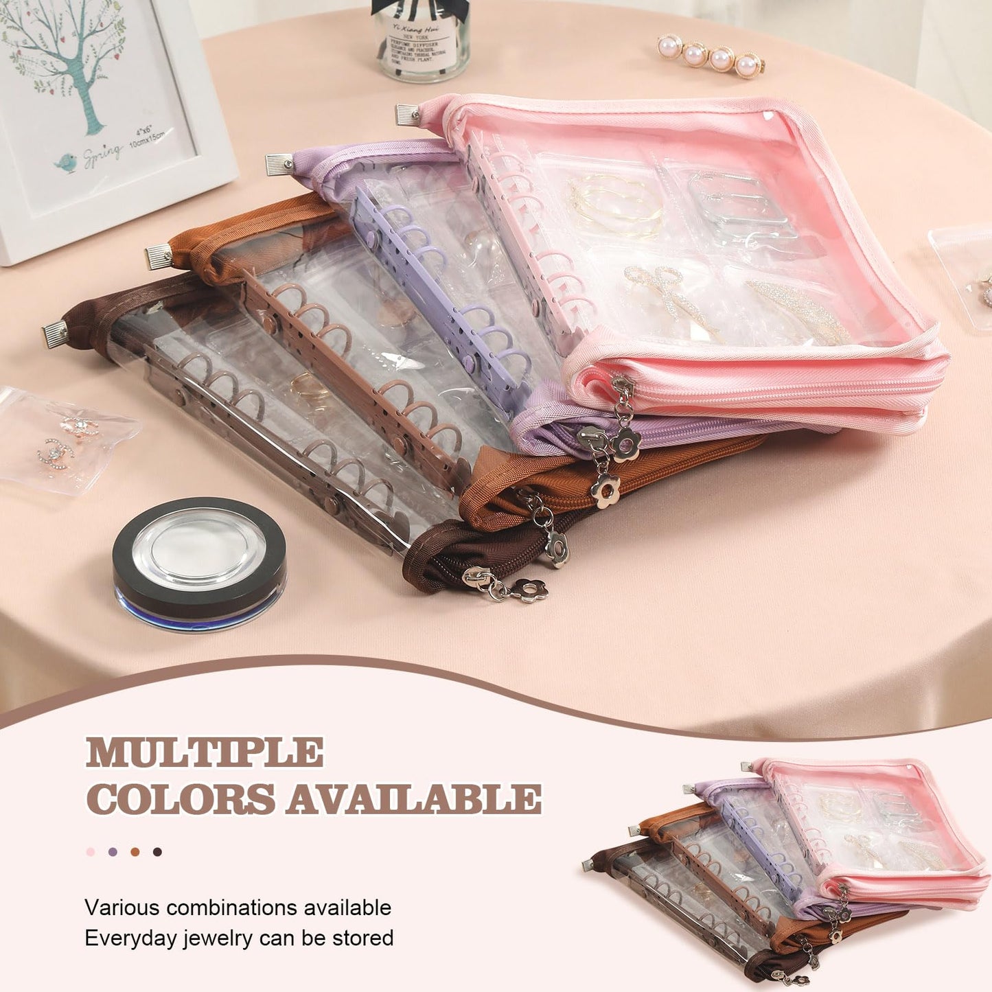 Jewelry Organizer Case Travel Jewelry Storage Bag Clear Jewelry Rolls (Light Brown,With 80 PCS Earring Pouches)