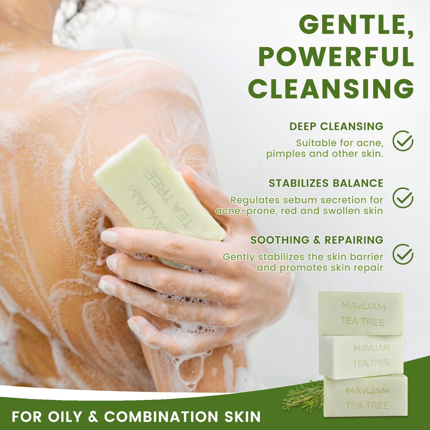 Tea Tree Oil Soap Bar, Natural Botanical Tea Tree Bar Soap with Vitamin E, Pure Plant Oil Bath Soap for Body Face Fights Acne, Tinea, Ringworm, Skin Itch Irritation and Prevents Breakouts (Pack of 3)