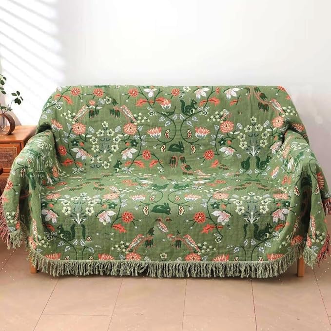 100% Cotton Throw Blankets 60"x80", Versatile Green Boho Blankets for All Season,Sofa Couch Beding Livning Throw Blankets Soft Cozy Farmhouse Musin Blanktes Best Gifts for Women
