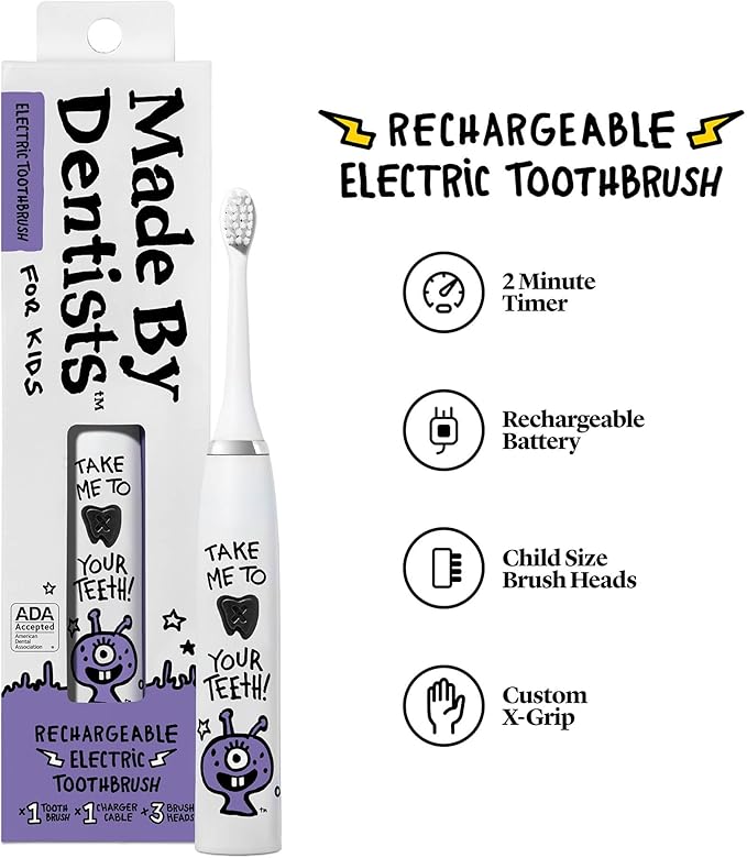 Kids Electric Toothbrush - Rechargeable Vibrating Toothbrush with Timer Includes 6 Replacement Heads, Gently Cleans Teeth, Girls & Boys, Kids & Toddlers Age 2+, Alien