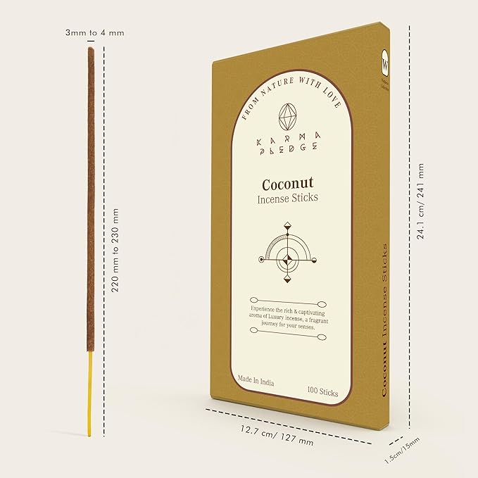 Coconut Incense Sticks, Organic Hand Dipped 100 Sticks with Natural Herbs & Aromatic Ingredients, Burn Time 45 to 60 Minutes, Incense for Positivity, Yoga, Meditation, Relaxation, Spiritual Gift