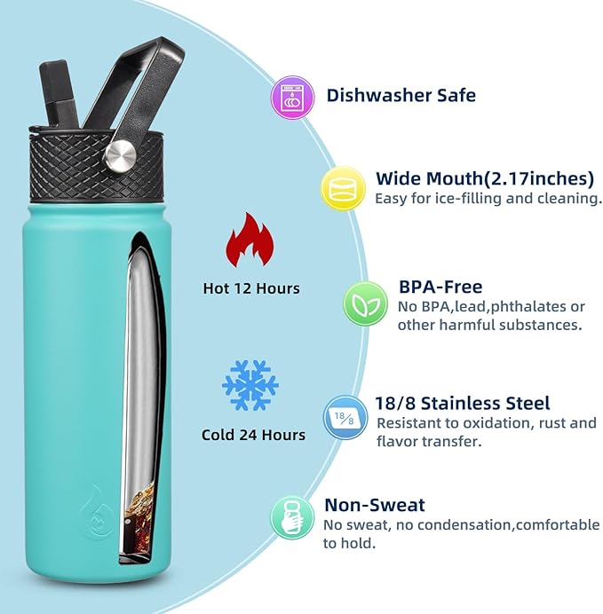 BJPKPK Insulated Water Bottles with Straw Lid, 22oz Cold & Hot Thermo, Stainless Steel Metal Water Bottle with 3 Lids, Reusable Thermo, Cups, Mugs for Daily Use-Turquoise