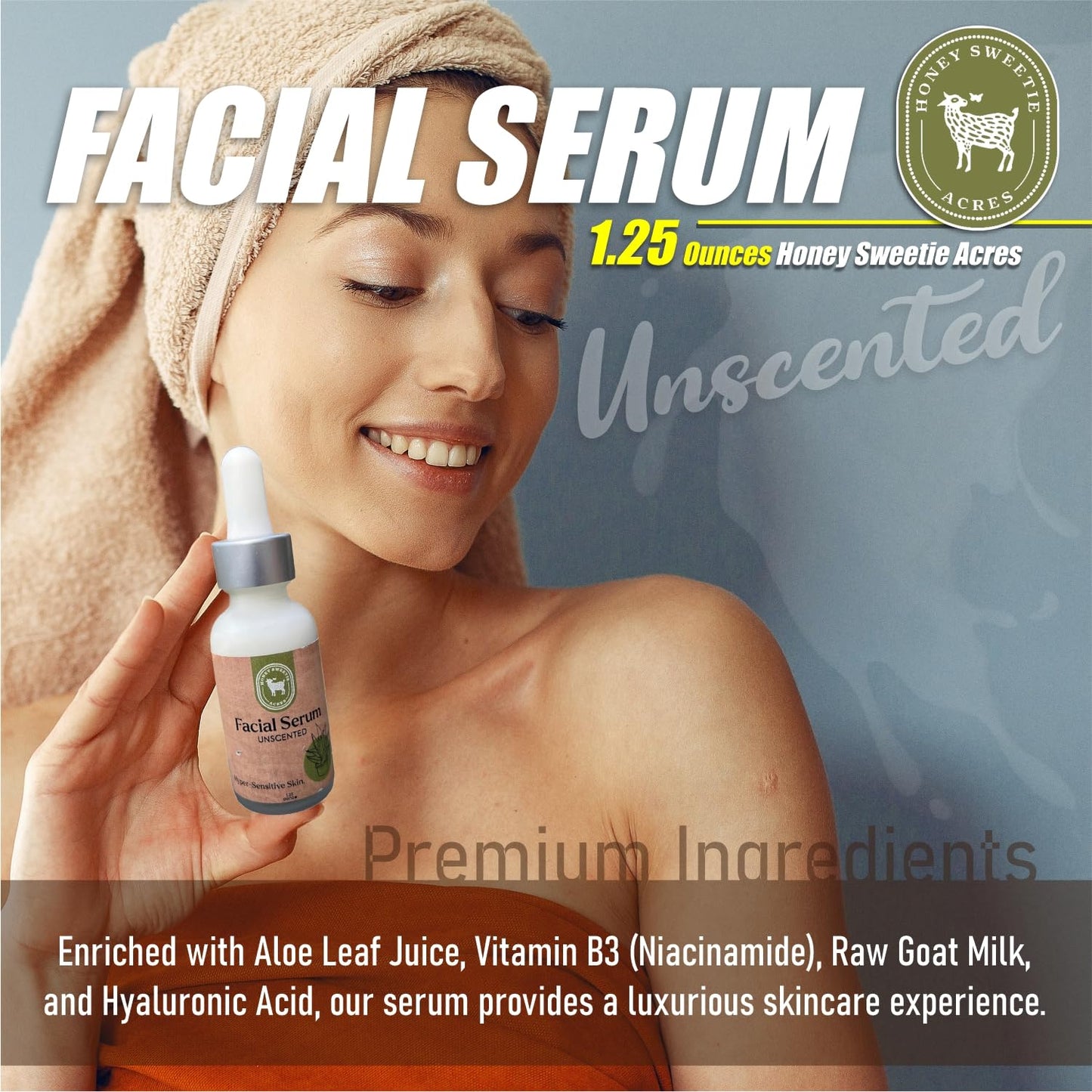 Honey Sweetie Acres Vitamin B Facial Serum with Aloe, Niacinamide, Raw Goat Milk, and Hyaluronic Acid – 1.25 oz