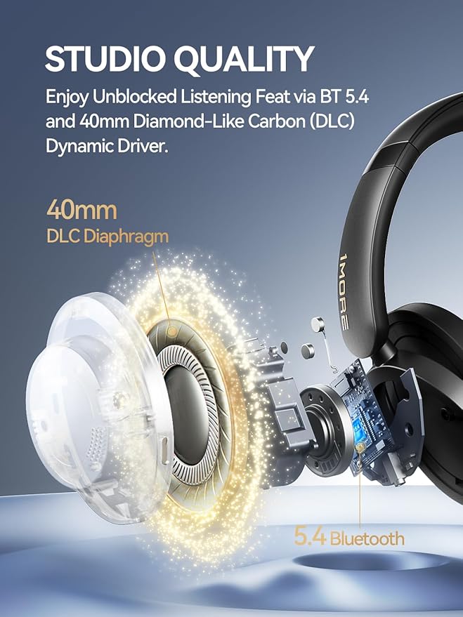 1MORE SonoFlow Pro HQ51 Wireless Over-Ear Headphones, Reduce Noise by Up to 45dB, Hi-Res Audio, 100H Playtime, App Control, Bluetooth 5.4, AI Clear Calls, Lightweight Fit for Travel Office, Matte Gray