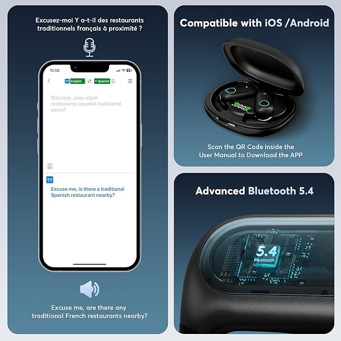 168 Languages AI Translation Earbuds, Bluetooth 5.4 Headphones Translator, 4-in-1 Smart Mode Touch Screen Real-Time Earphones Fit iOS and Android Ideal for Travel Business and Learning, Black